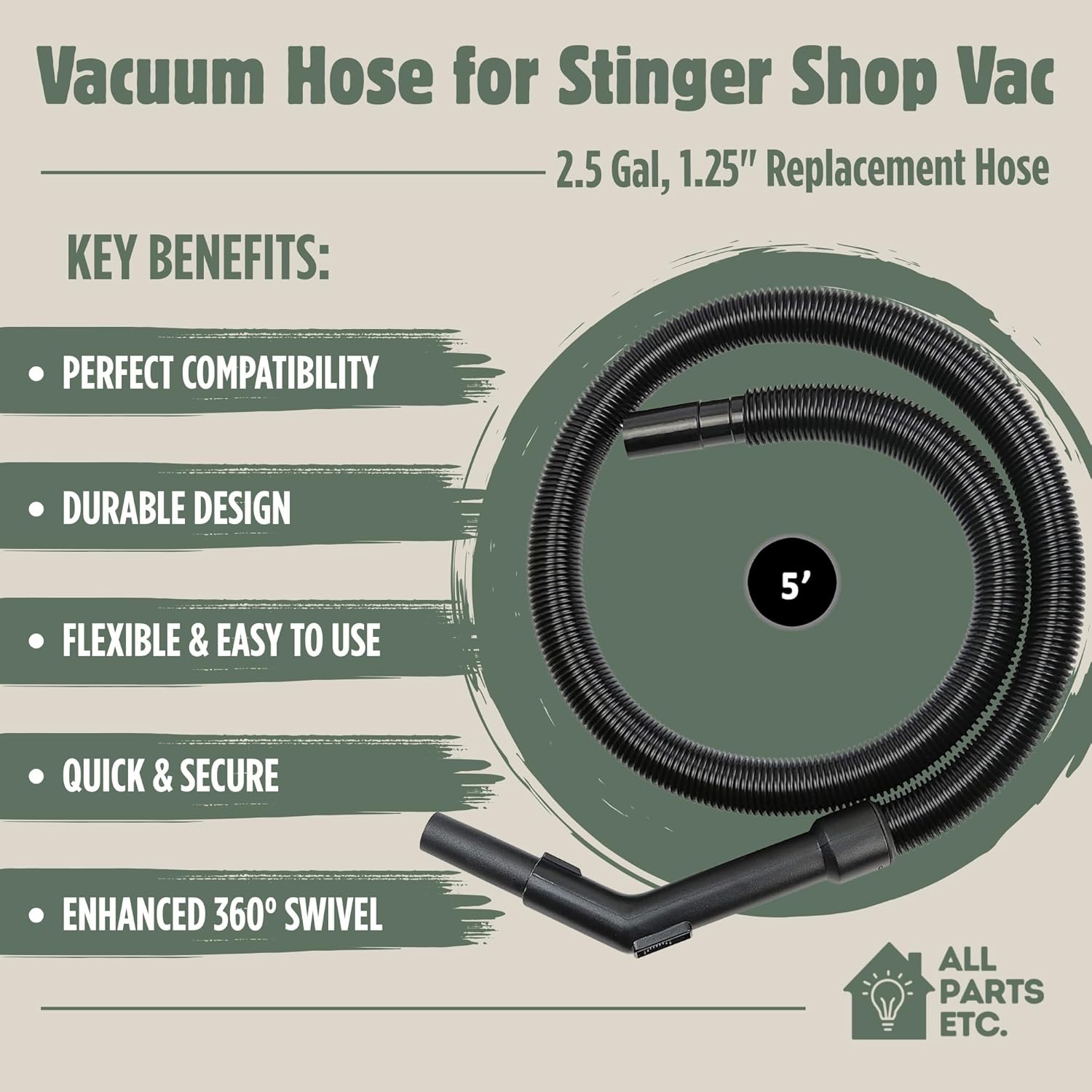 5 Ft Swivel Vacuum Hose for Stinger Shop Vac 2.5 Gal, 1.25" Replacement Hose – Compatible with Stinger Canister Vacuums, Bucket Head, Armor All, Some Milwaukee & More