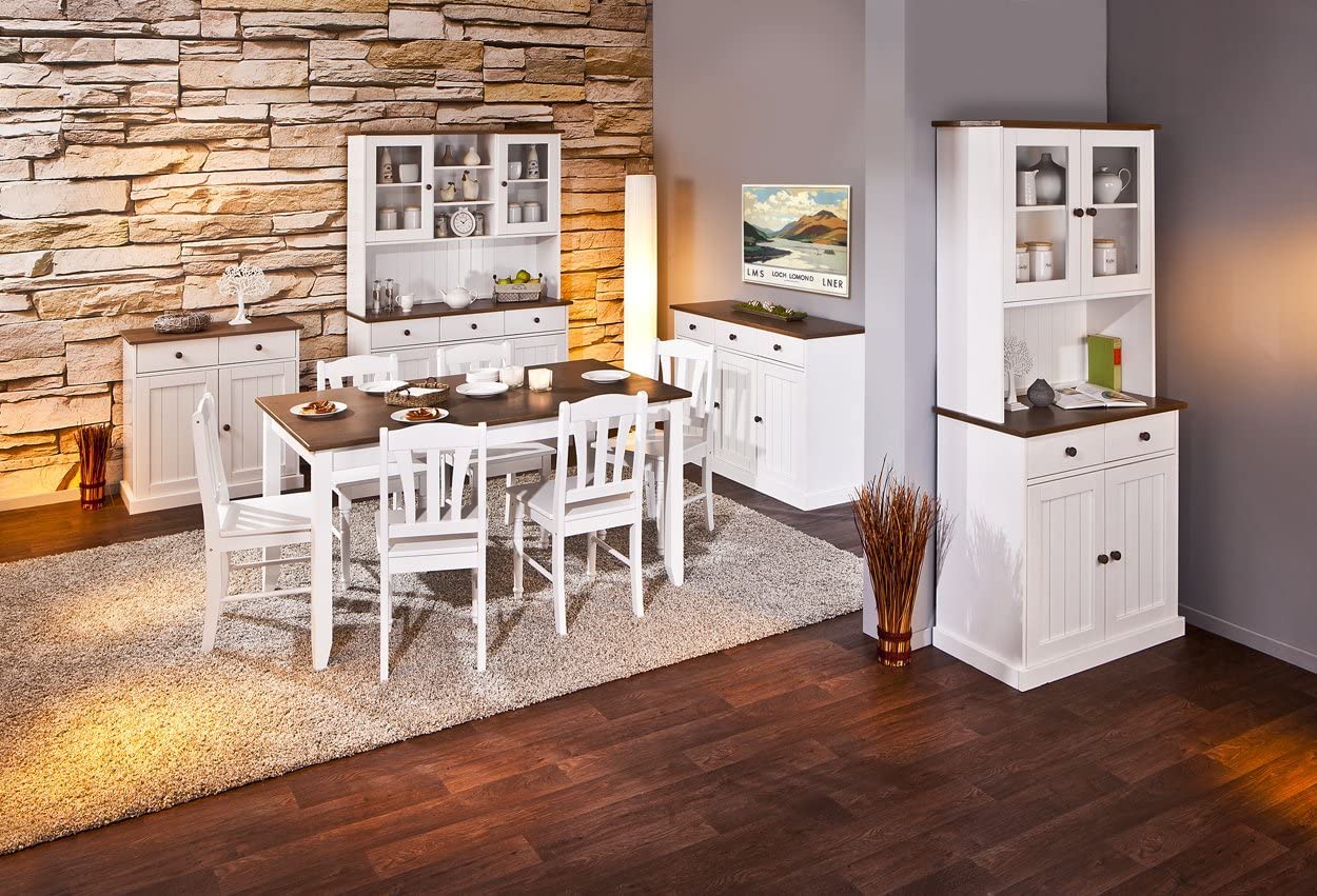 Inter Link - Vitrinenschrank - Küchenschrank - Geschirrschrank - Esszimmerschrank – Vitrine - Landhausstil - Kiefer Massivholz – 5 Türen – 3 Schubladen – Westerland 6.2 – Weiß/Sepia lackiert