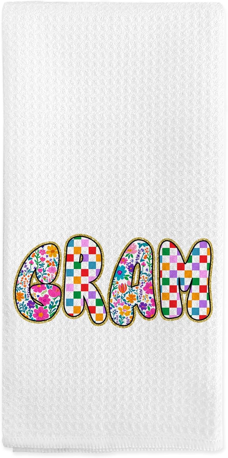 Gram Gifts Kitchen Towels, Funky Gram Floral Hand Towels for Bathroom Kitchen Decor, Mothers Day Birthday Gifts for Grandma from Grandkids, Grandma Dish Tea Towel, 16x24 Inch