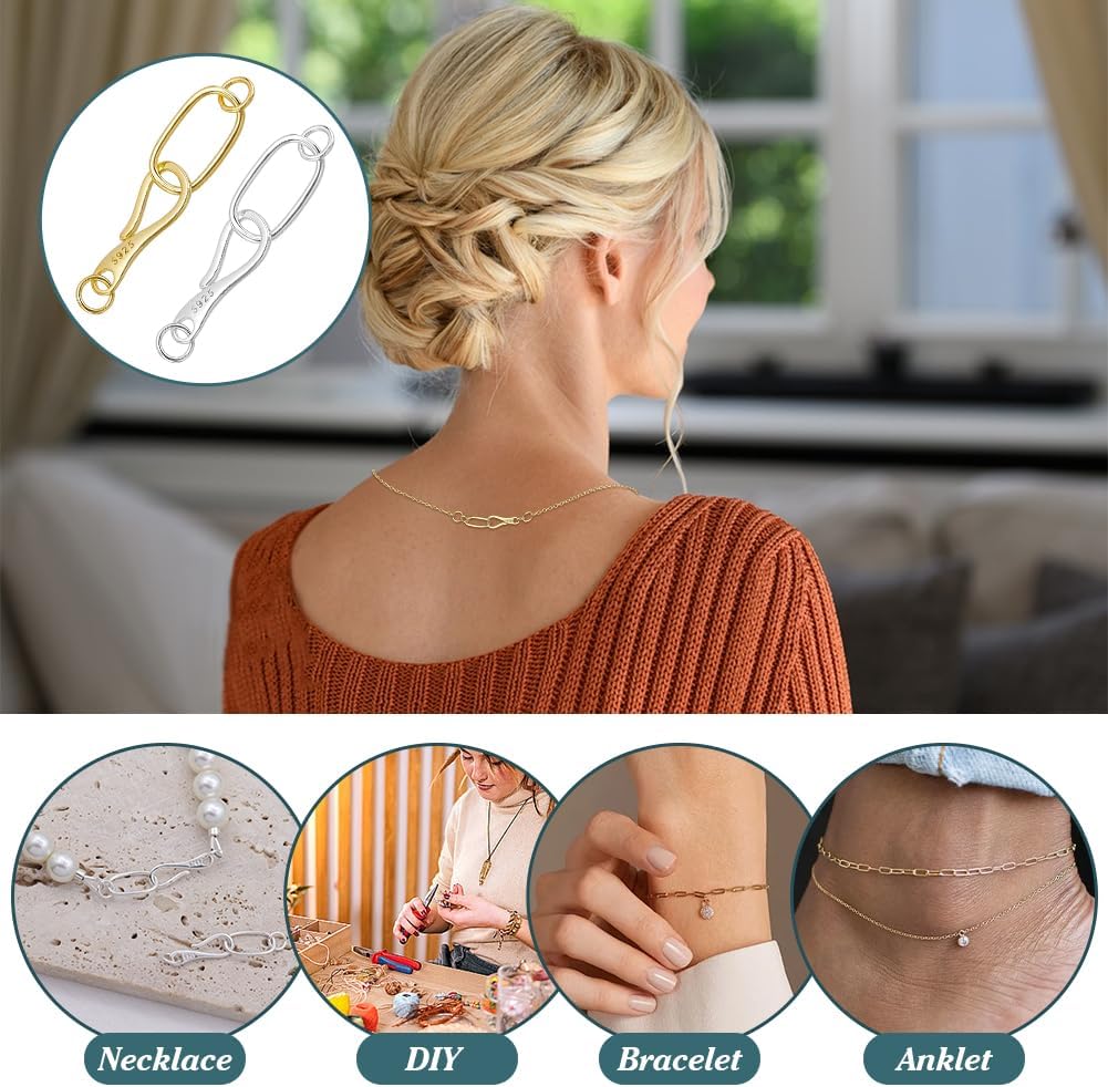 PH PandaHall 2PCS 925 Sterling Silver Oval Hook Clasps, S Hook Ring Jewelry Clasps and Eye Clasp Ring Clasp Connectors for Necklace Bracelet Pendant Purse Making Keychain Crafts, Platinum Golden - Image 5