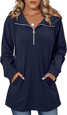 onlypuff Women Hoodie Pullover Trendy Quarter Zipper Lapel Sweatshirts Drawstring Cute Hooded Tunic Tops with Side Pockets