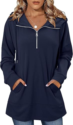 onlypuff Women Hoodie Pullover Trendy Quarter Zipper Lapel Sweatshirts Drawstring Cute Hooded Tunic Tops with Side Pockets