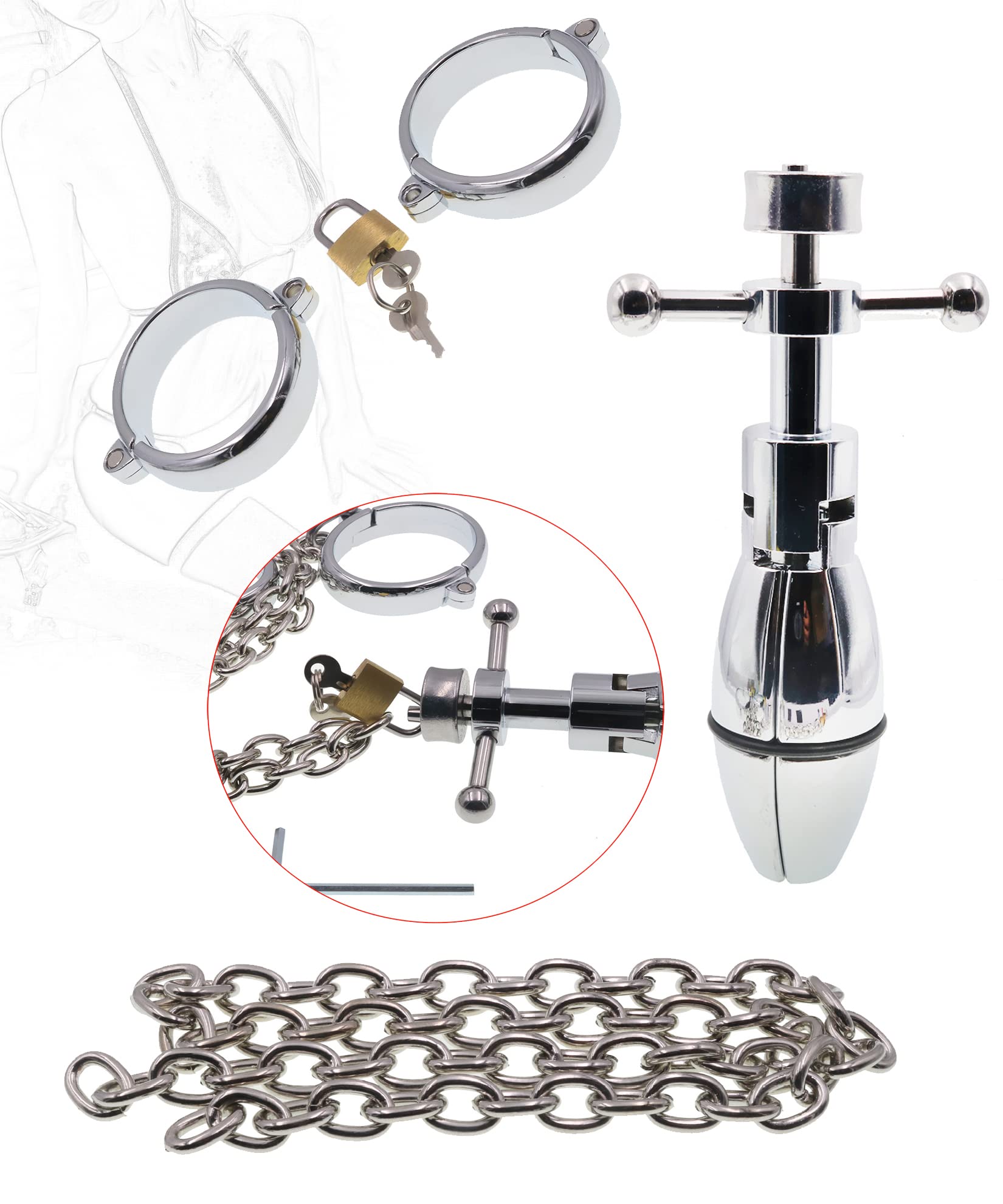 BDSM Bondage Manette in acciaio inossidabile Plug anale anale con serratura Set di ritenuta SM Manette con serratura Manette for flirt BDSM Giocattoli sessuali for coppie(L)