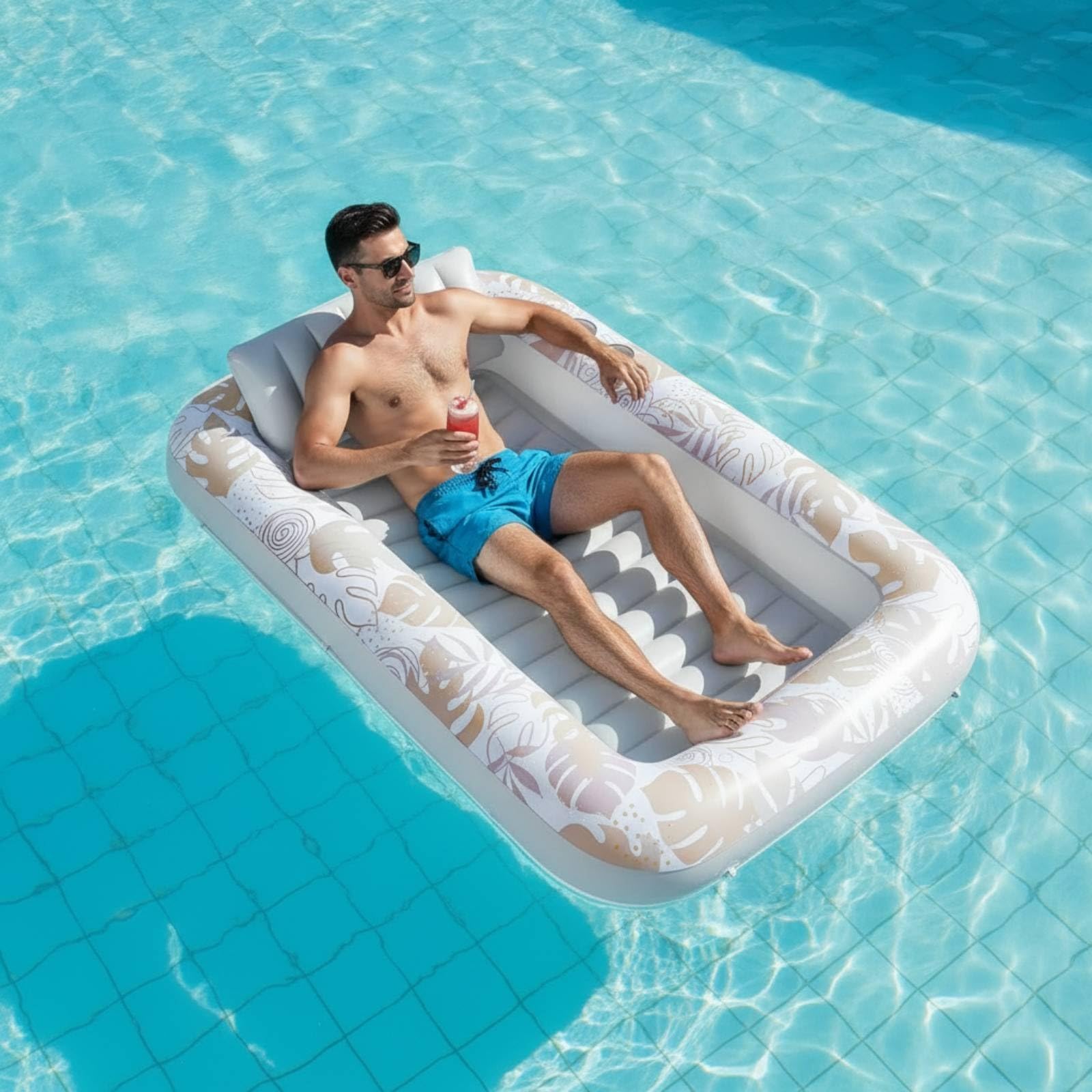 Letto Galleggiante Gonfiabile Lettino Gonfiabile Materassino Piscina Amaca Acqua con Pompa Domestica Gonfiaggio Rapido Portabicchieri Cuscino, Platino