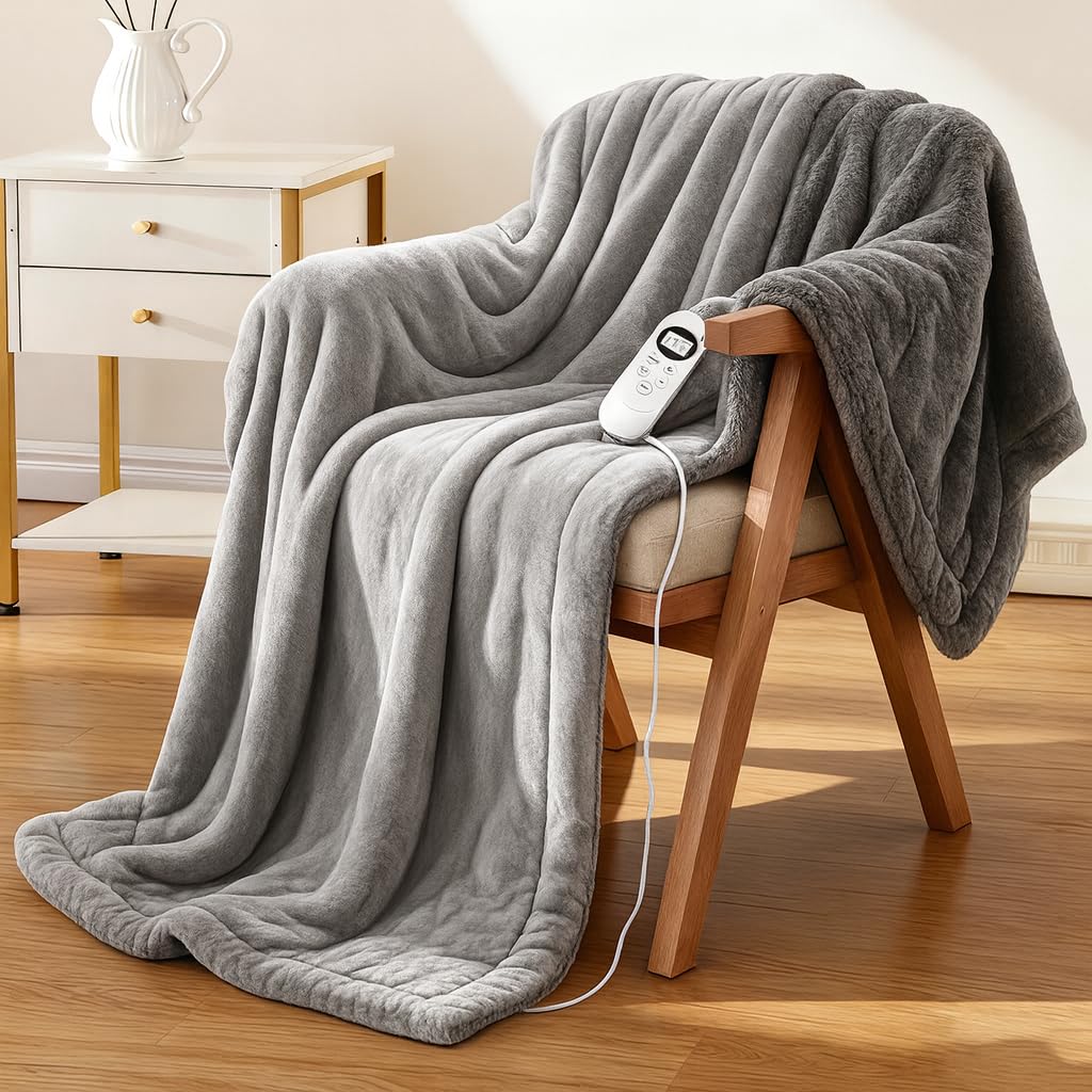 Electric Heated Blanket Throw 50''x60'' – Soft Dual-Sided Flannel, 12 Heat Settings, Smart Timer, ETL & FCC Certified, Machine Washable (Deep Gray & Light Gray, Single(50"x60"))
