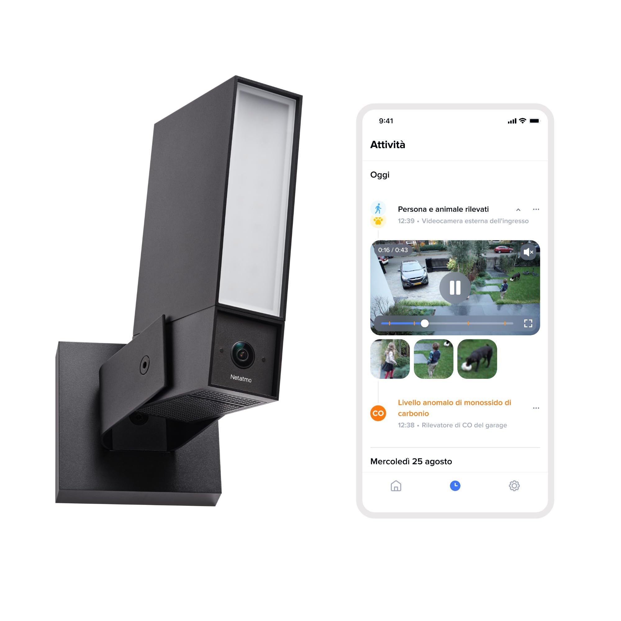 Netatmo Videocamera di Sorveglianza Esterna, WiFi 5 GHz, 2SD, 2K HDR, Rilevamento intelligente di persone/Veicoli e animali/proiettore LED 12 W, Sirena 105 dB, Archiviazione locale, NOC2-B-AMZ