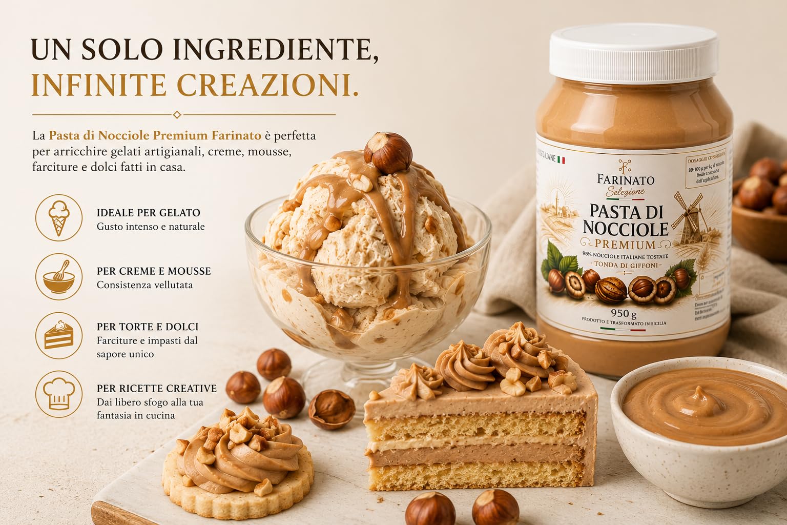 Pasta di Nocciole Premium 950g – 98% Nocciole Italiane Tostate Tonda di Giffoni – Pasta Pura per Gelato, Creme, Mousse e Pasticceria – Senza Olio di Palma – Farinato Selezione