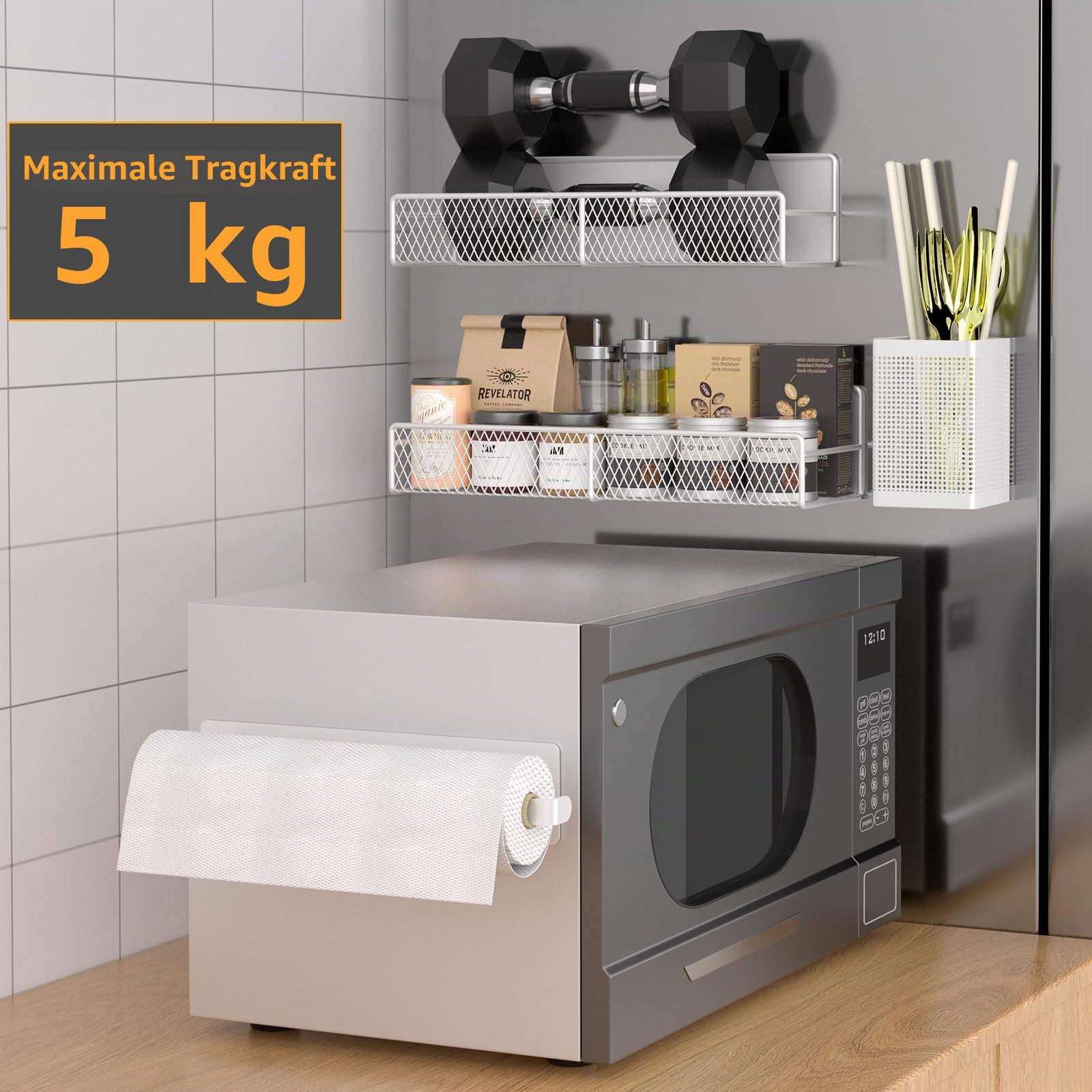 DTUQYX Magnetablage für Gewürz Kühlschrank, 7 Metall-Fach, Tragbarer Organizer, Hakenablage, Halter für Papierhandtücher, Küchenutensilien und Schneidebrett, weiß