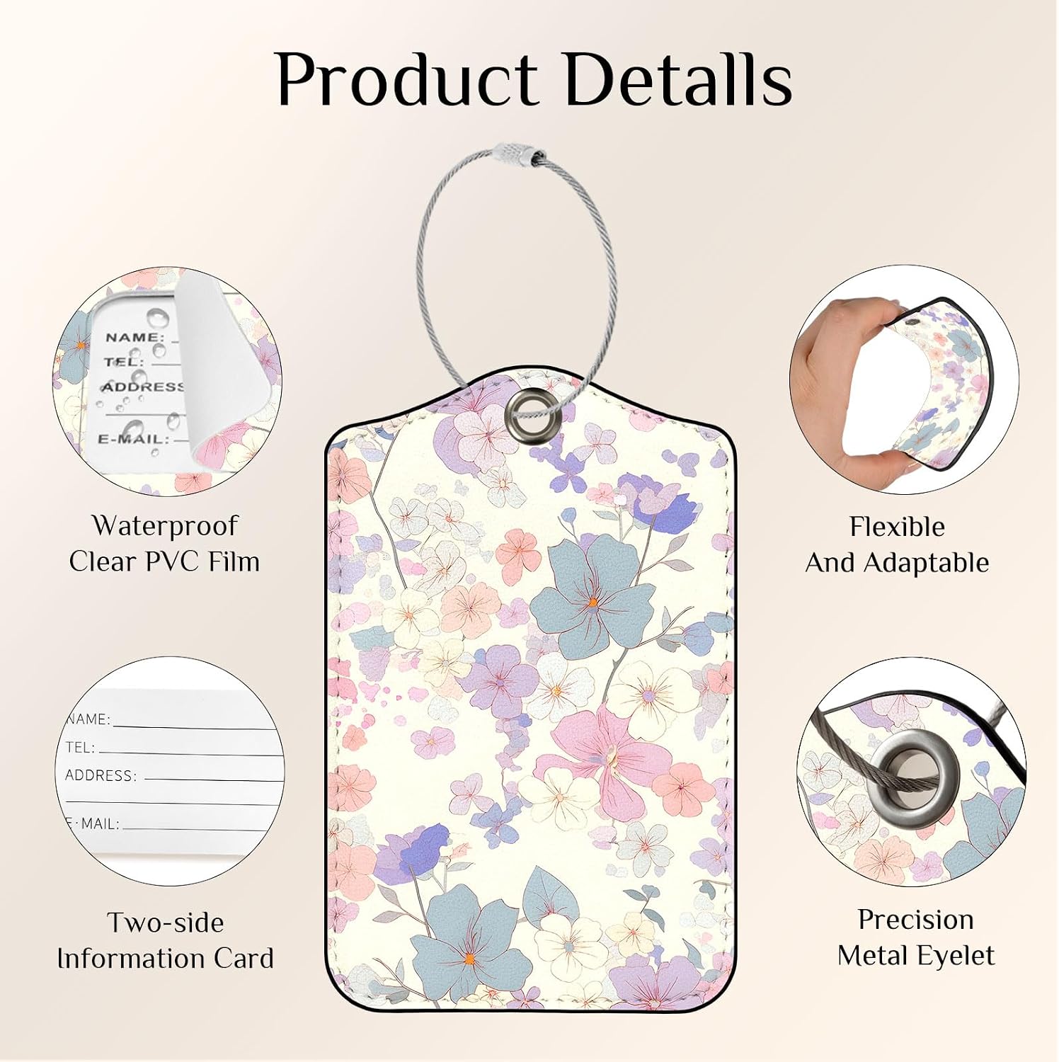 2 PCS Luggage Travel Tags for Suitcases,Cute PU Leather Name Tag with Privacy Cover&ID Label Address Card&Durable Metal Ring Suitable for Men Women Handbags Backpack, Purple Flower image 3