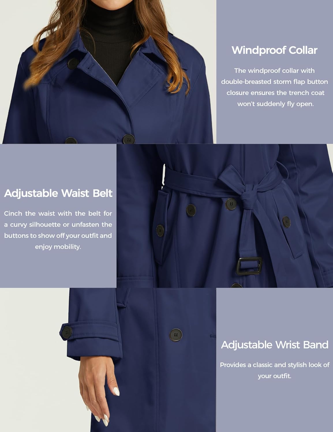 wantdo Women's Waterproof Trench Coat Classic Lapel Outerwear Coat with Belt - Image 5