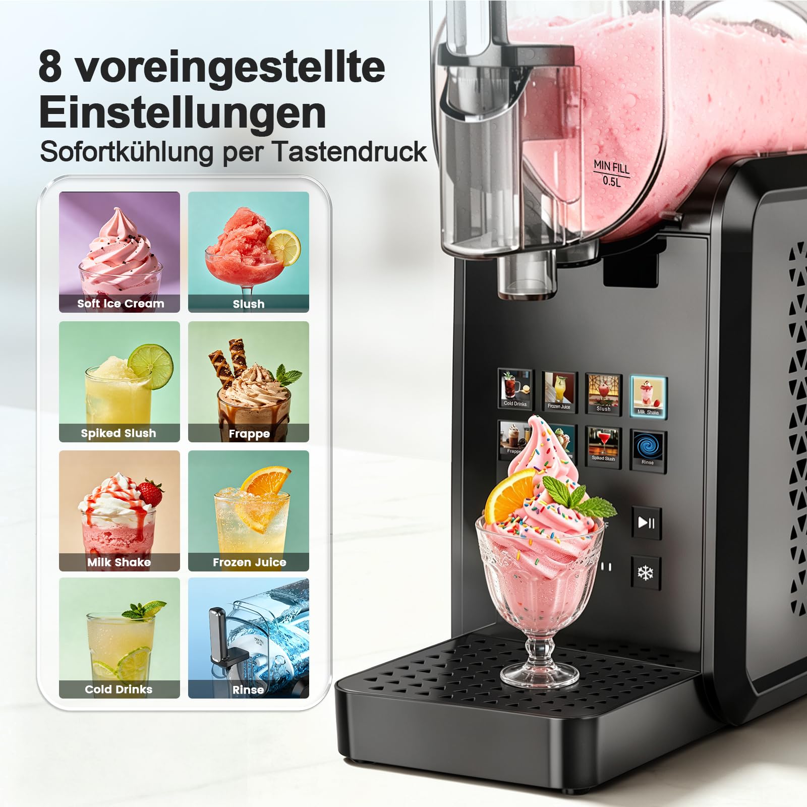 Slushie-Maschine, 2L Slush Eismaschine für Zuhause, Slush Ice Maker mit 8 Modi, kein Eis & kein Mixen, One-Touch Start & Selbstreinigend, Slushmaschine für Frappé, Milchshakes, Gefrorene Cocktails