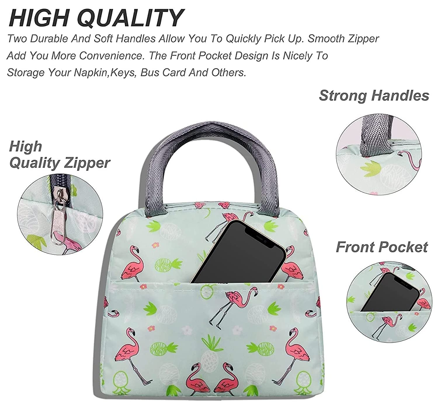KARDIFF Aluminum Foil Insulated Lunch Bag For Women Small Lunch Leakproof Bag For Office, Work, School, Picnic Beach, Office, Outdoor, Gymor Travel (Green Flamingo), 5 Liter — Amazon image 4