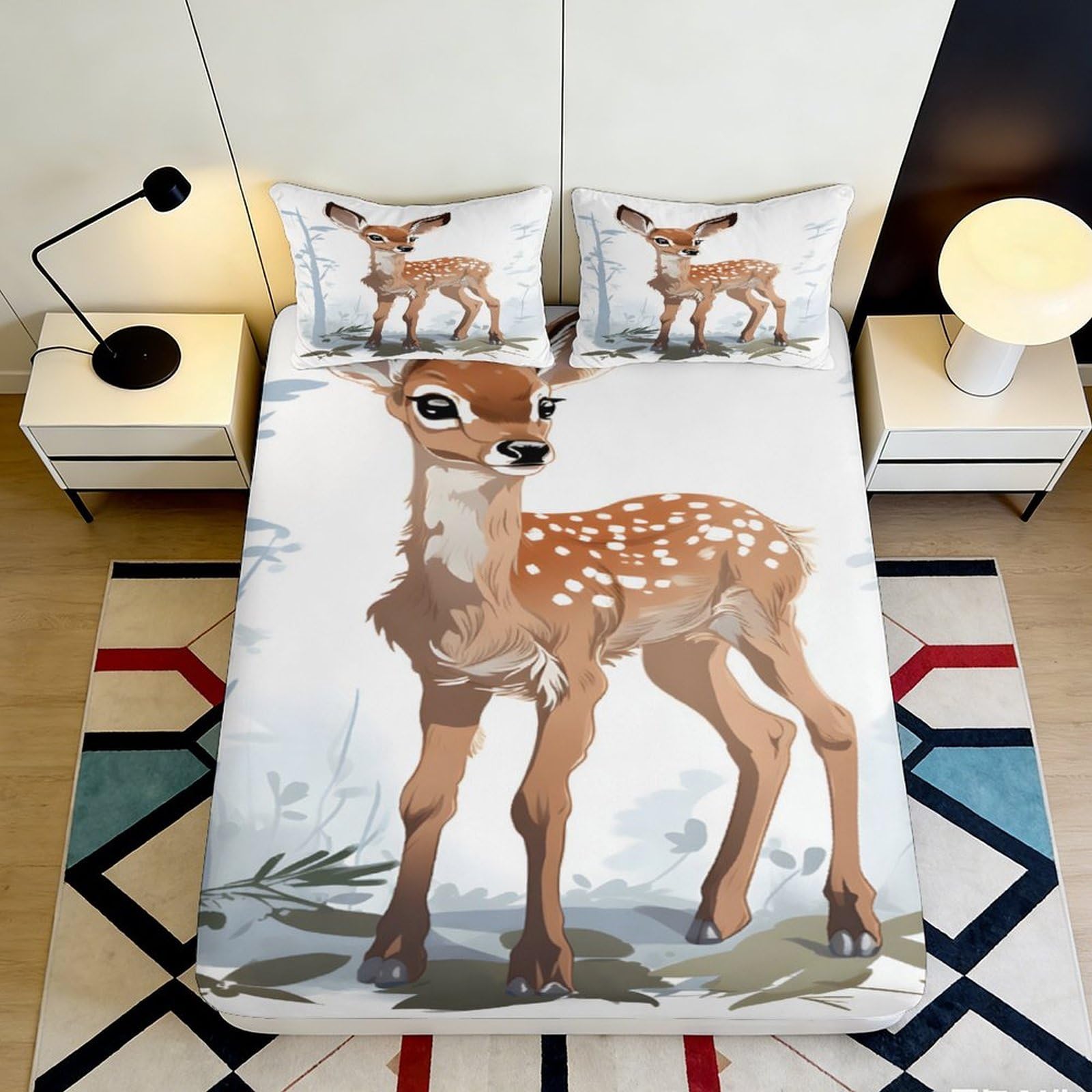 3D Printed Deer Forest Fitted Sheet Microfiber Soft Breathable Woodland Animal Mattress Cover Bedroom Decor 90x200x25cm