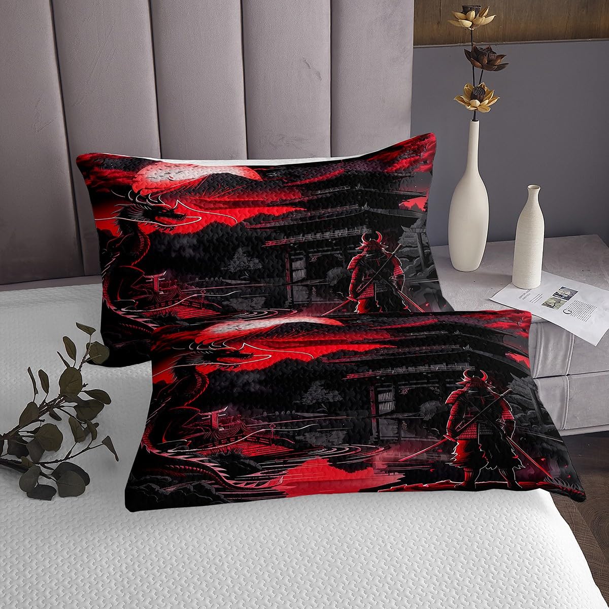Homemissing Colcha de dragón para niños, tamaño King, color rojo, atardecer, juego de colcha acolchada Samurai, estilo japonés, Ukiyoe acolchado