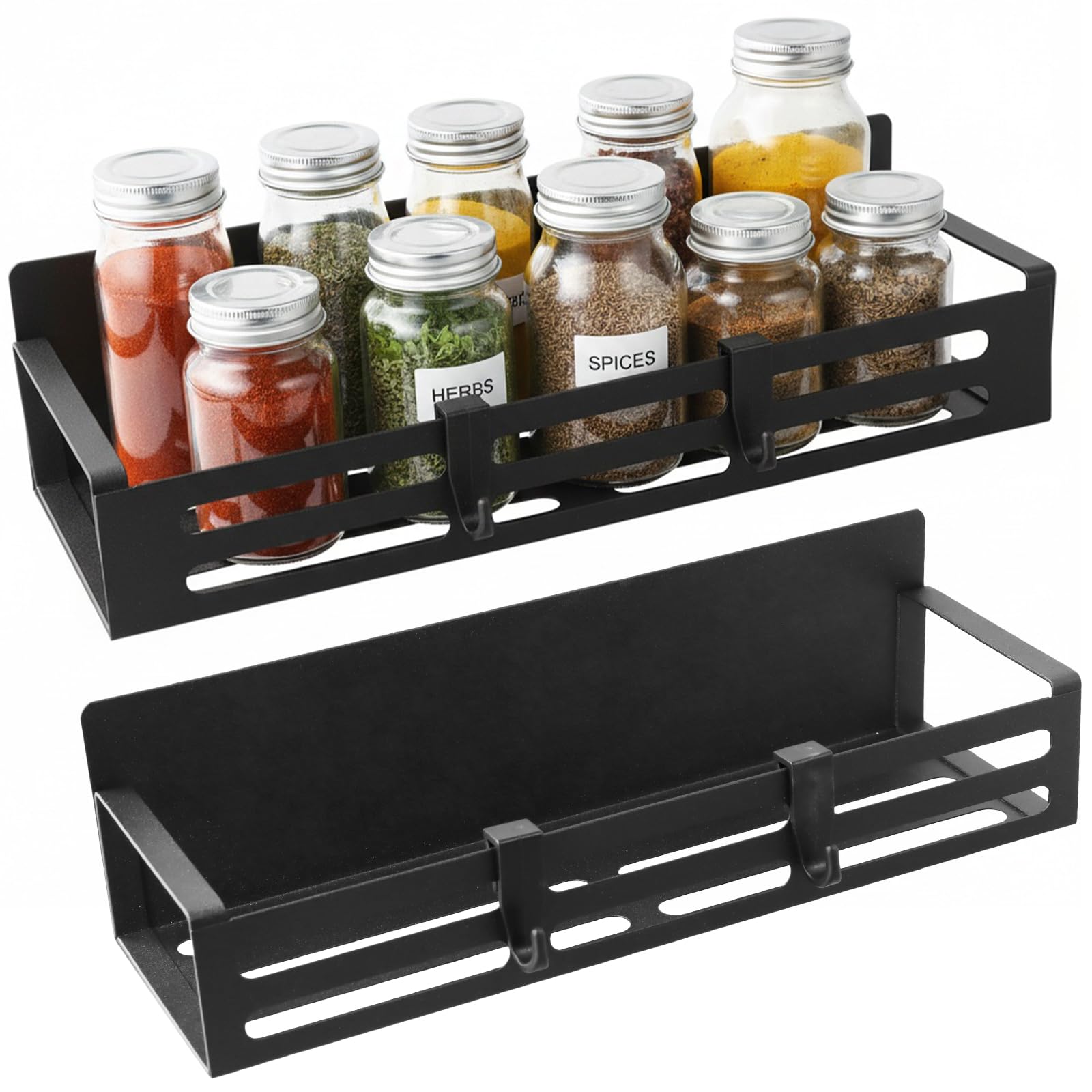 2 Pack Magnetic Spice Rack for Fridge, Magnetic Shelf, Spice Rack, Kitchen Storage & Organisation, Fridge Magnet Organizer with Moveable 4 Hooks, for Kitchens, Restaurants, and Offices, Black