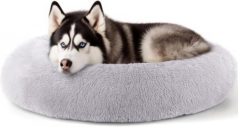Cama Redonda Extra Grande para Cães com Bordas Elevadas e Base Antiderrapante Hoewina, Cinza-claro, 91,44 x 91,44 x 20,32 cm
