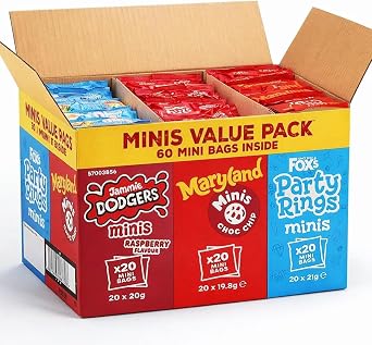 Fox’s Mini Biscuit Variety Pack 60 Count – Jammie Dodgers, Maryland Choc Chip & Party Rings Minis – Individually Wrapped Snack Packs – Ideal for Lunchboxes, Party & Kids