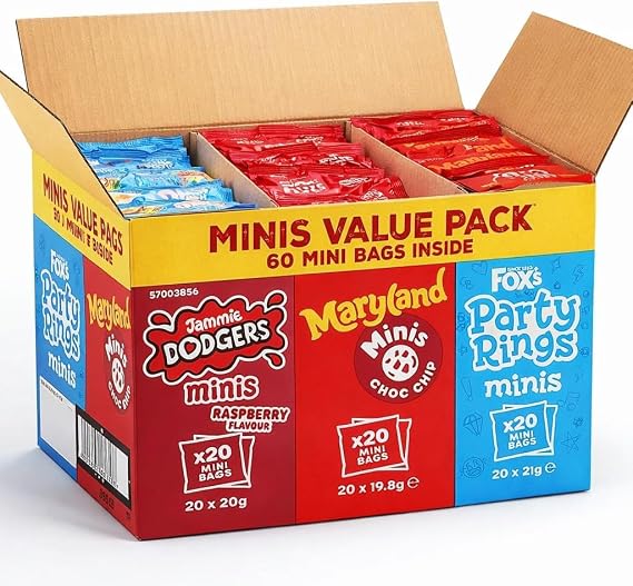Fox’s Mini Biscuit Variety Pack 60 Count – Jammie Dodgers, Maryland Choc Chip & Party Rings Minis – Individually Wrapped Snack Packs – Ideal for Lunchboxes, Party & Kids