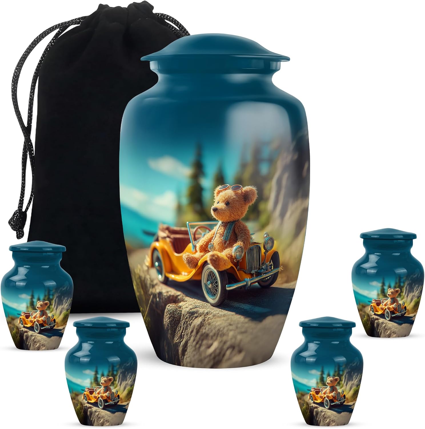 Teddy Bear Urns for Men Ashes Adult Male - Tiny Cremation Urn for Human Ash - Large Urn for Mother's Ashes - Blue Funeral Urns for Human Ash Set of 5-10 & 3 Inch