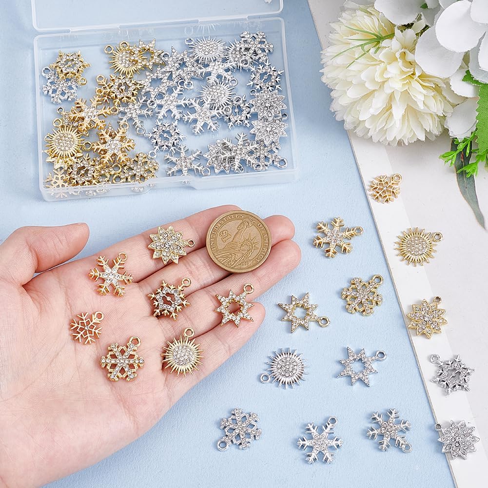 PH PandaHall 56 Pcs Alloy Rhinestone Pendants 7 Styles Christmas Snowflake Charms Sun Flower Crystal Charm for Necklace Choker Bracelet Earring Jewelry Making Crafts(Golden, Silver) - Image 3