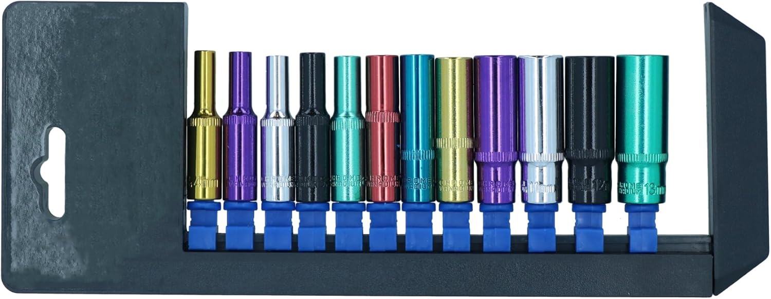 12pc Coloured 1/4" Dr Deep Sockets 6 Point Hex Metric 4-13mm With Rail
