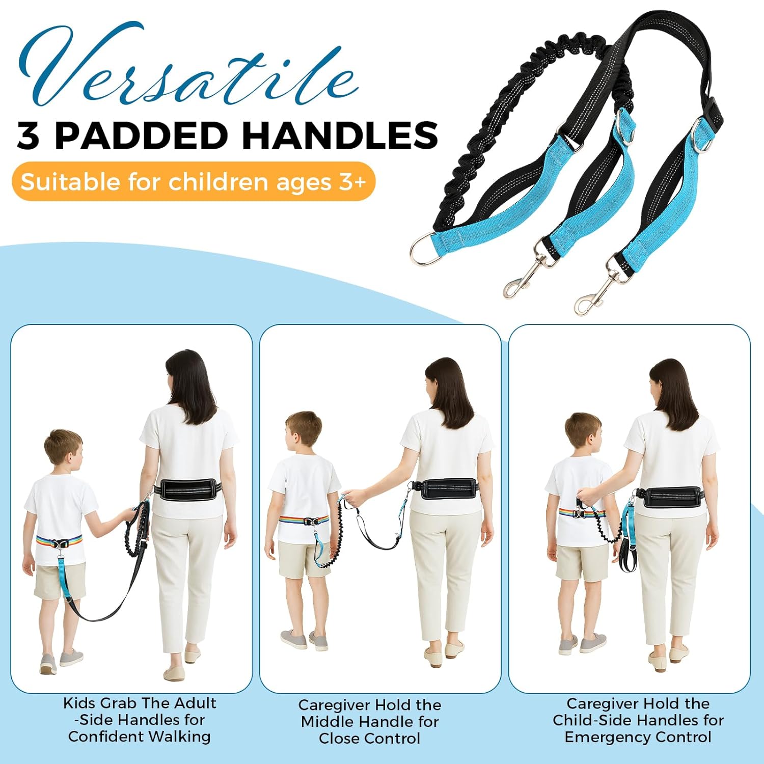 Waist Leash Harness with Soft Cushion for Autism Special Needs ADHD/ASD Children, Hands Free Safety Walking Harness with Light Reflector and 3 Padded Handles, Kids Adjustable Elopement Tether Leash