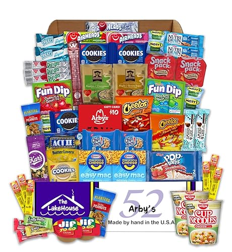 LakeHouse - Paquete de cuidado universitario para estudiantes 52 con tarjeta de regalo Arbys, caja de aperitivos esenciales para la universidad,