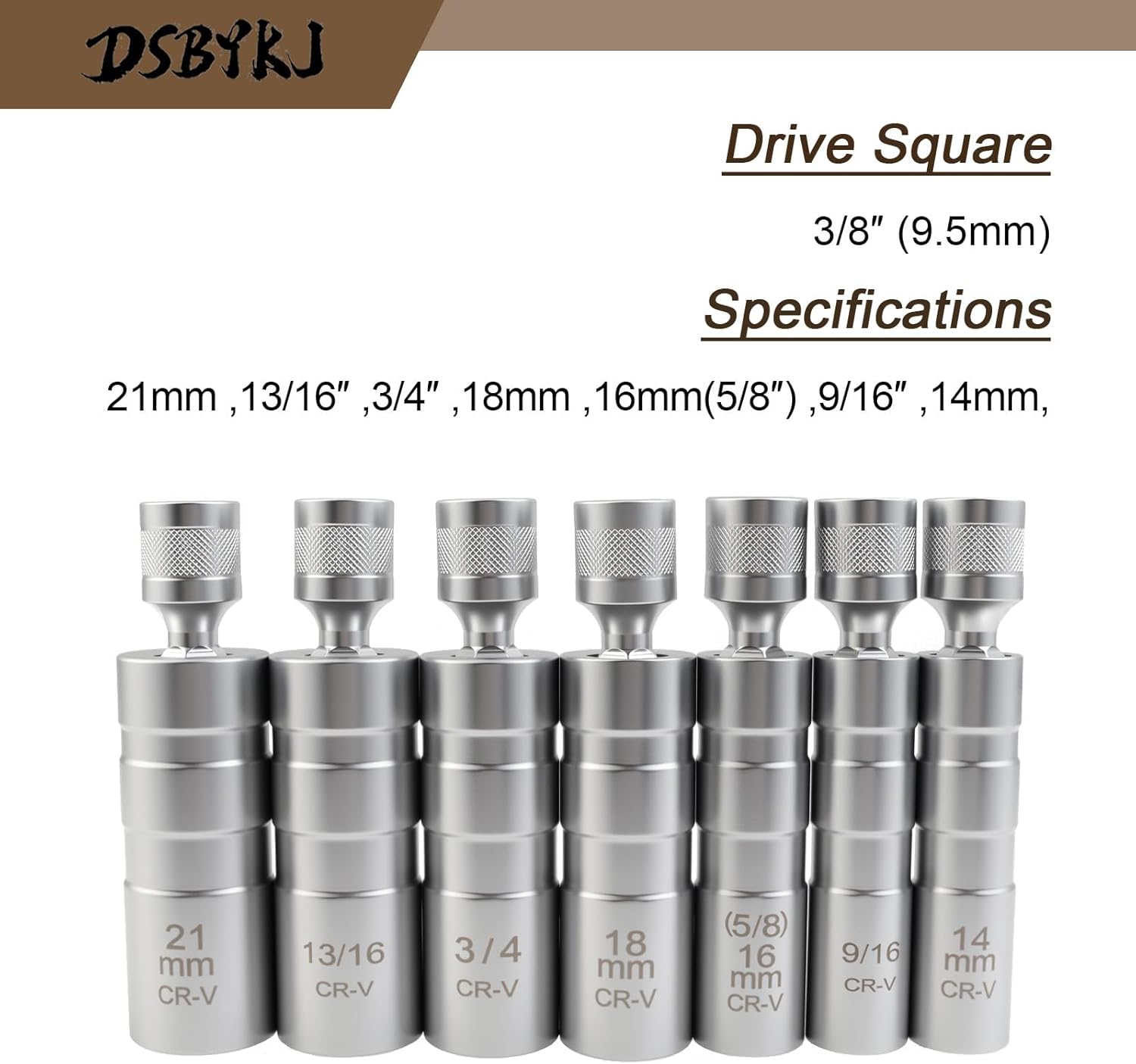 7-Piece Universal Function Rotary Spark Plug Sleeve Set - Includes 21mm, 13/16“, 3/4”, 18mm, 16mm, 9/16 and 14mm 12-Point Sleeves and 3/8-Inch Driver