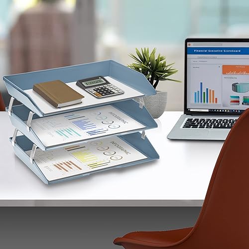 Miniatura 3 de Acrimet Facility - Organizador de archivos de escritorio de plástico de carga lateral de 3 niveles (color azul sólido)