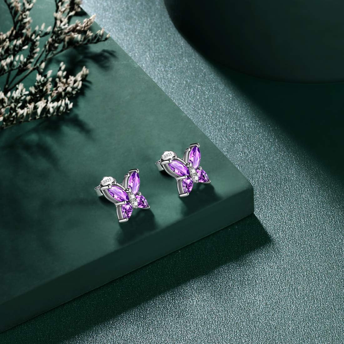 Butterfly Birthstone Earring Studs - Women 925 Sterling Silver December-Tanzanite Birth Stone Animal Butterflies Stud Earring Crystal Birthday Jewelry