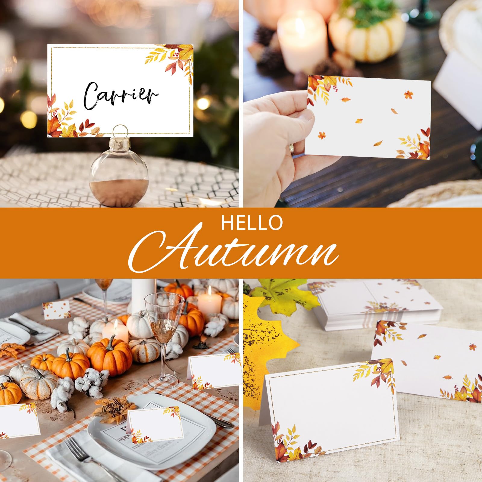 BETESSIN Tischkarten Herbst – 50 Stück Platzkarten Mit Kürbis-Motiv – Namenskarten Für Herbstfest & Erntedank