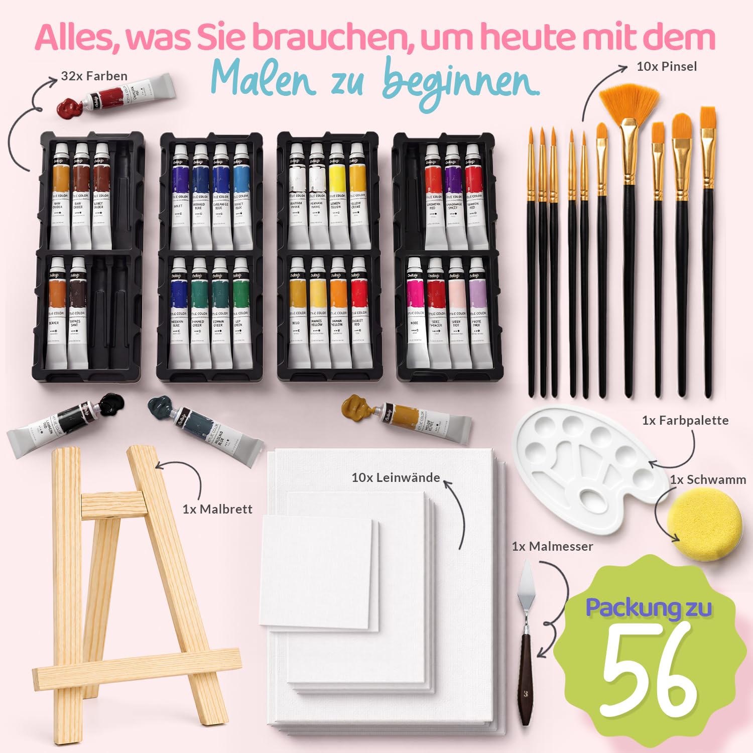 Chalkola Acrylfarben Set| 32x22ml Acrylfarbe mit 10 Leinwand, 10 Pinseln, Tischstaffelei| Acrylfarben für Leinwand Holz| Wasserfeste Acrylic Paint Set| leuchtenden Farben für Kinder, Profis, Anfänger