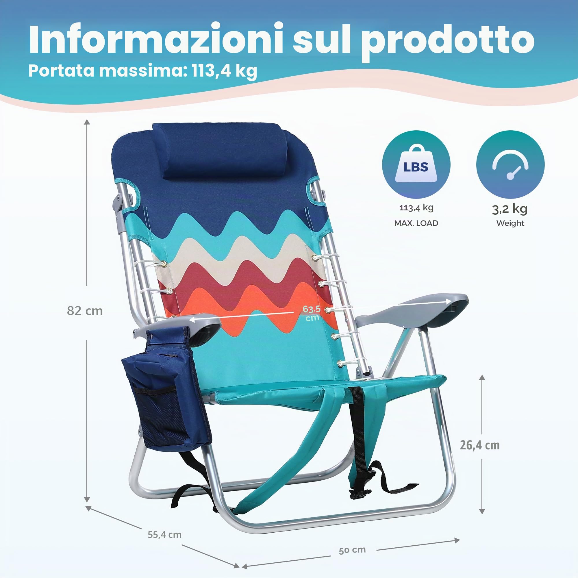 HIGH POINT SPORTS Set di 2 sedie da spiaggia pieghevoli con zaino, leggere, portatili, reclinabili, supportano 113 kg, sedie da campeggio con 4 posizioni per adulti, blu