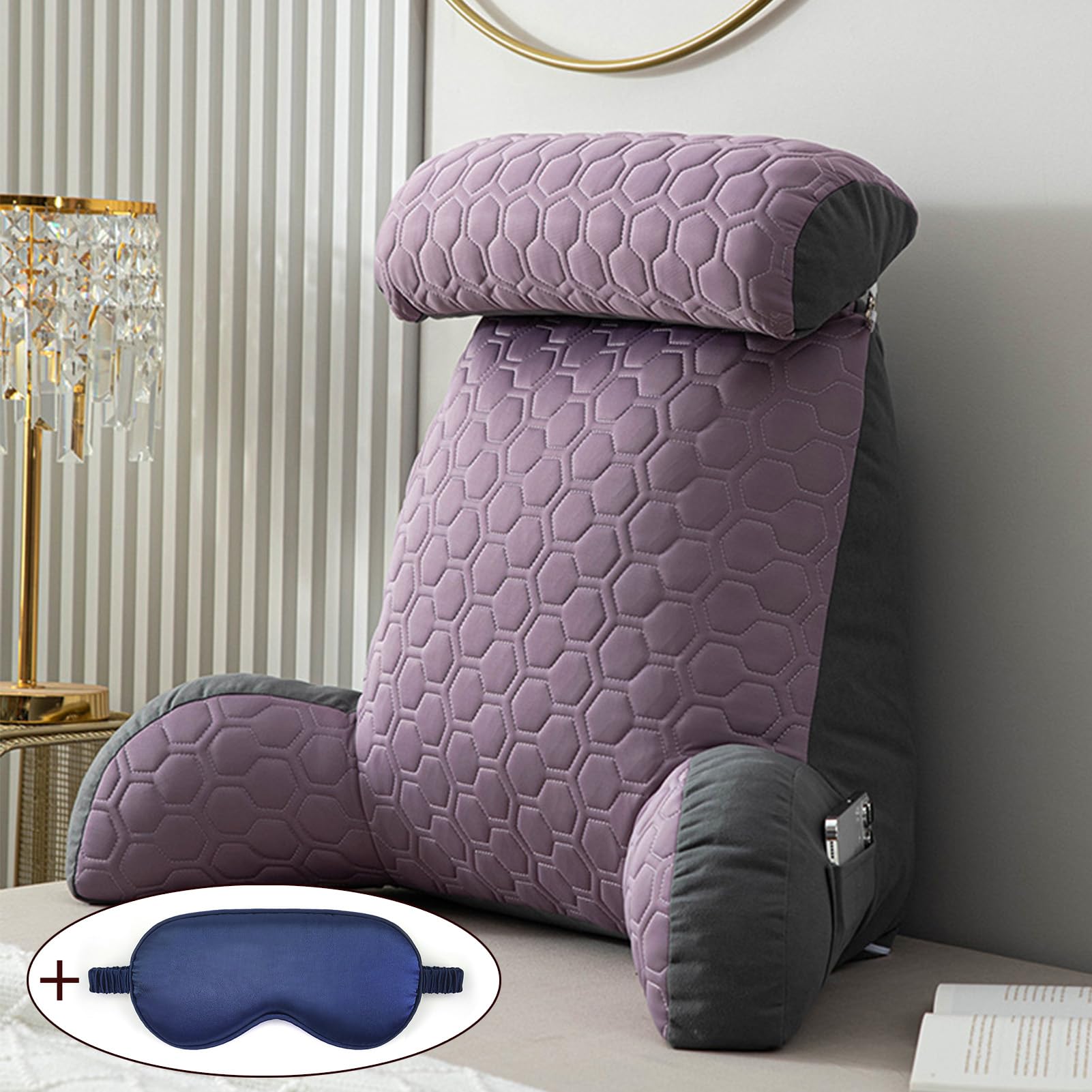 XIBANY Lesekissen Fürs Bett - Ergonomisches Rückenkissen Mit Seitentaschen