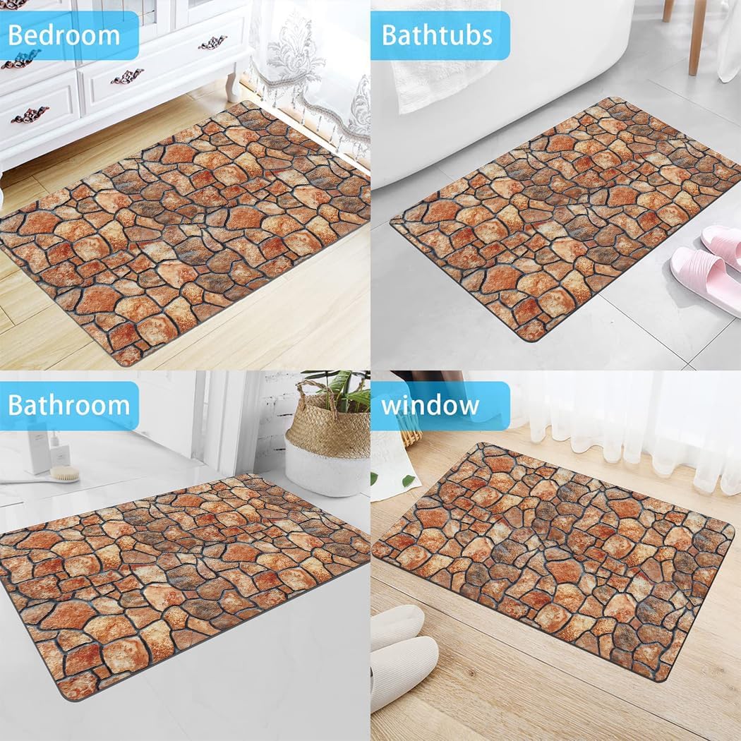 Stone Wall Pattern Printed Bathroom Rug Non - Slip Washable Rubber - Backed Floor Mat 17"x24"