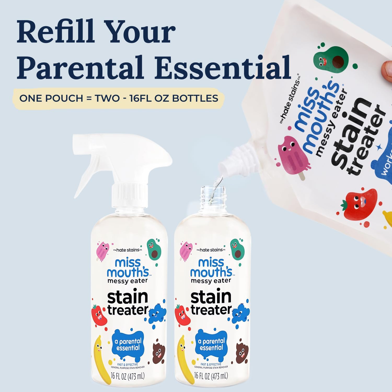 Miss Mouth's Messy Eater Stain Treater Spray - 16oz 2 Pack Stain Remover and 32oz XL Refill Pouch - Image 3