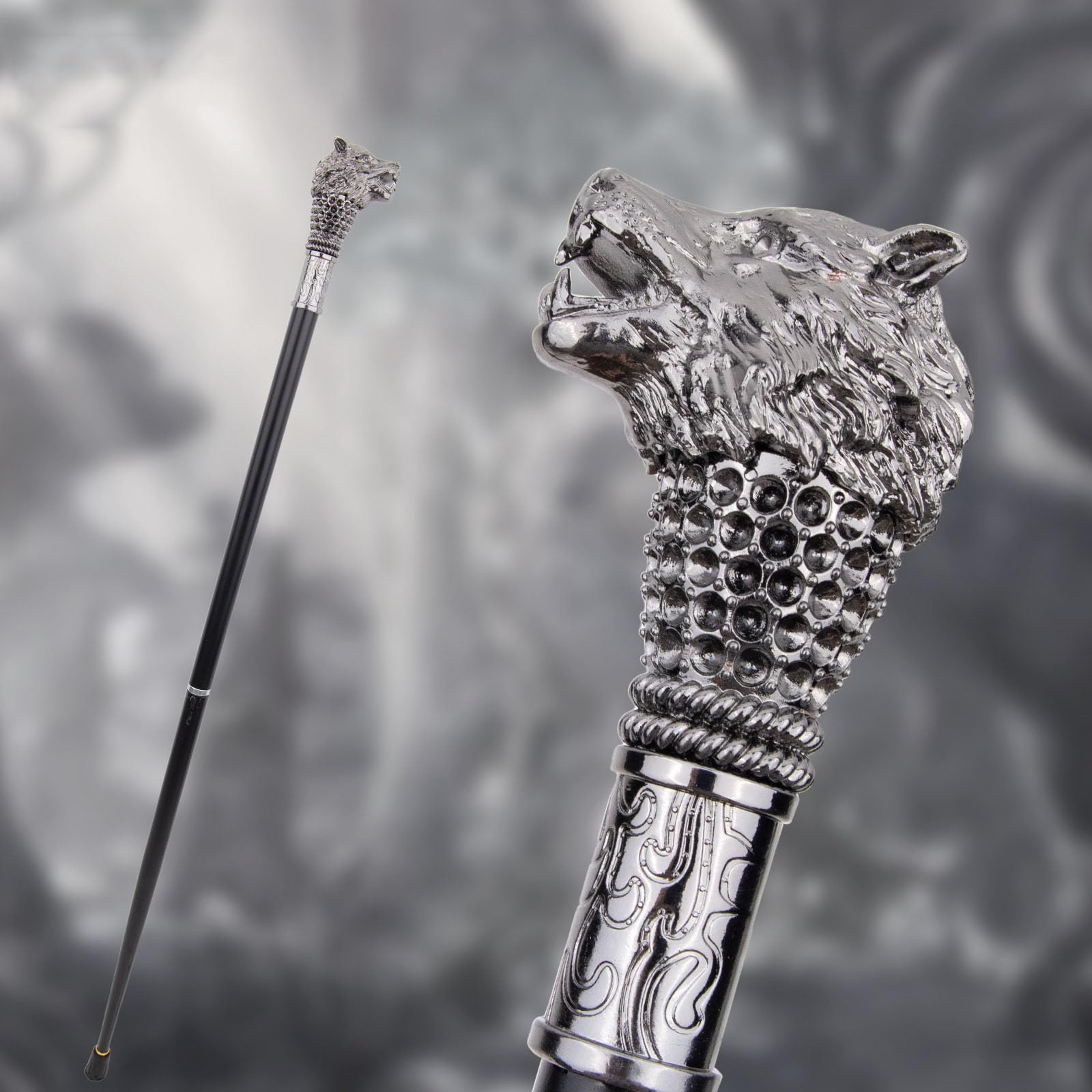 Męska laska do chodzenia w stylu vintage - metalowa głowa wilka laska - stylowe kije dla mężczyzn i kobiet cosplay