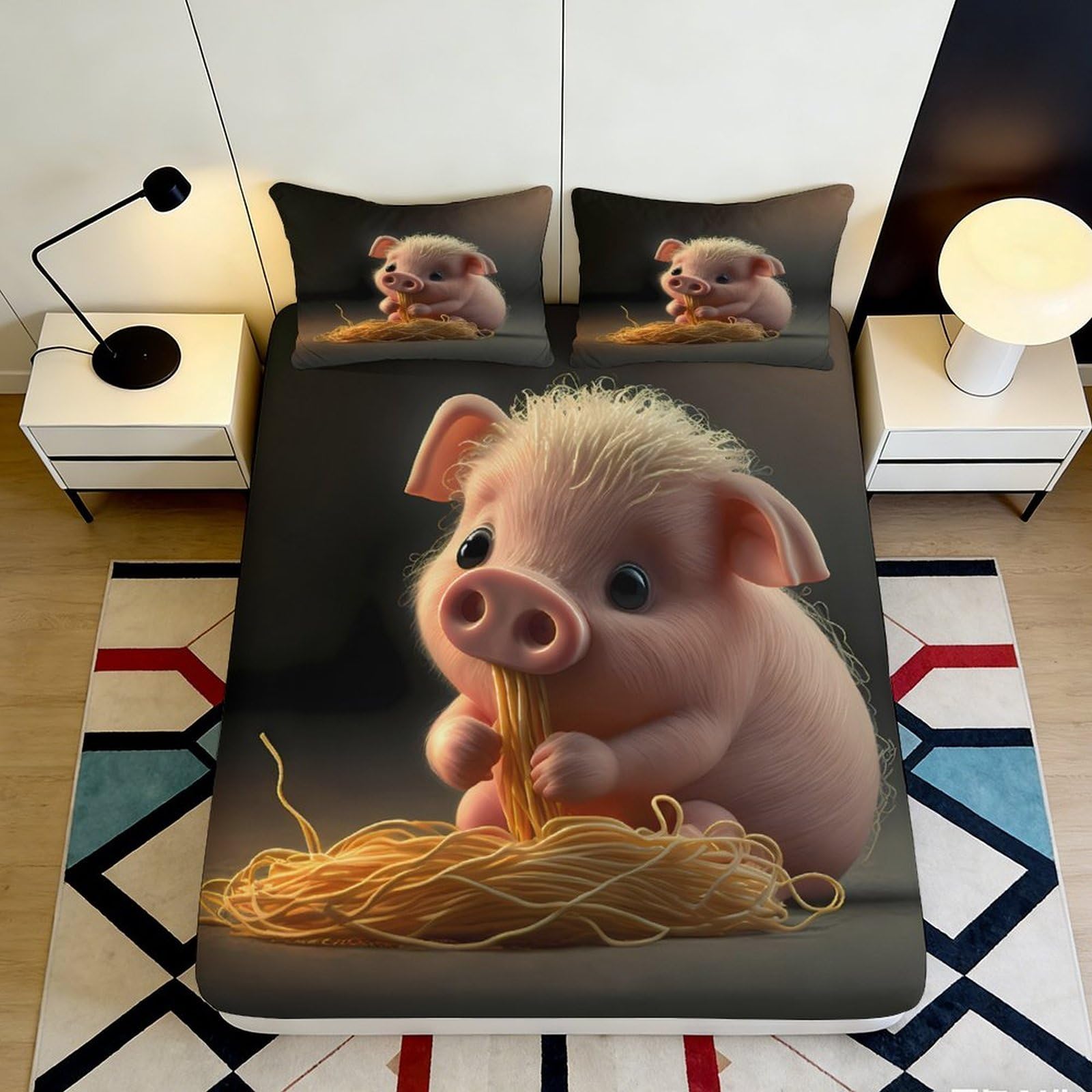 Cute Pig 3D Printed Fitted Sheet Microfiber Deep Pocket Non-Slip Bedroom Bedding Cute Pig Mattress Fitted Cover Washable 200x200x25cm 90x200x25cm