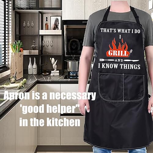 Miniatura 6 de PXTIDY Divertido delantal para asar con texto en inglés "That's What I Do I Grill And I Know Things", delantal de cocina novedoso, delantal para