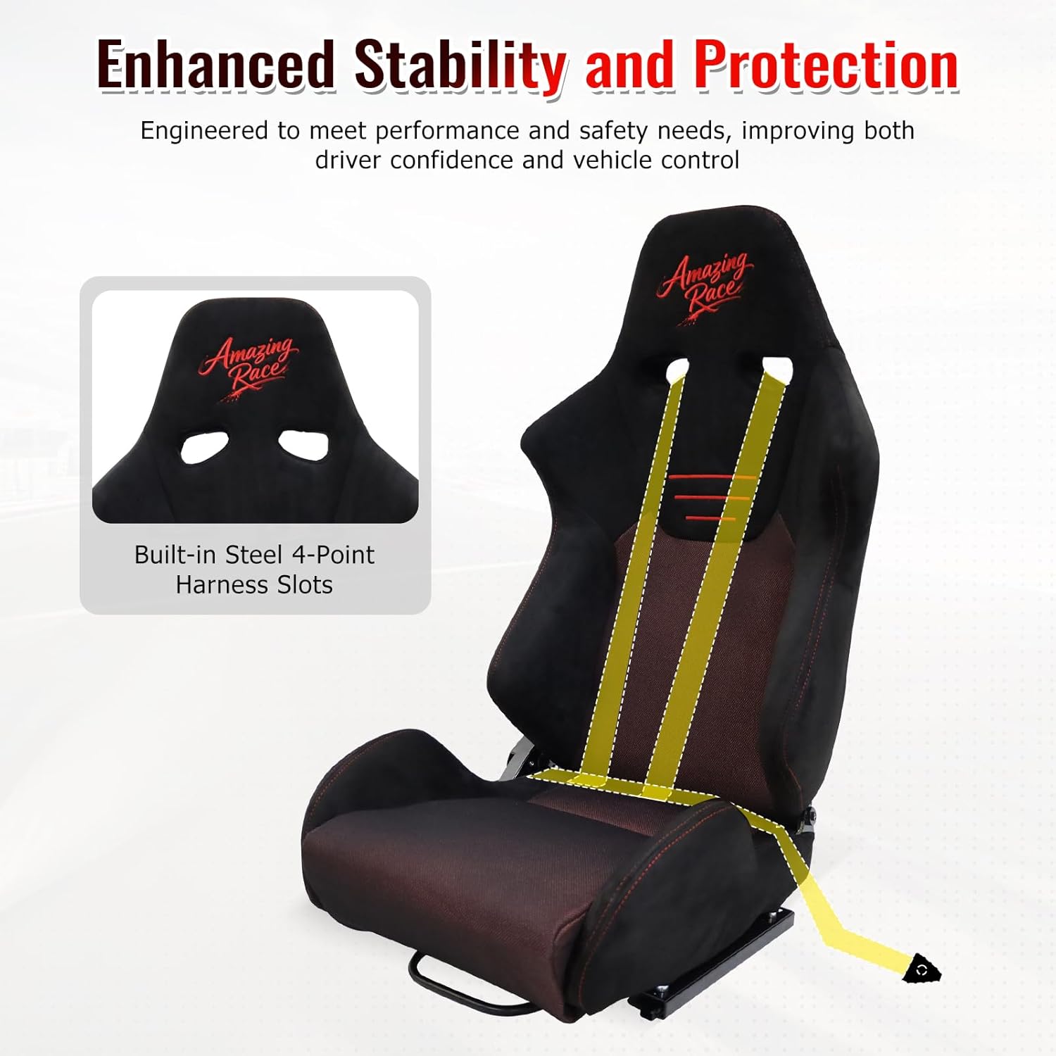 FREEMOTOR802 Reclining Sim Racing Seats with Dual Lock Slide Rails, Universal Fit Ergonomic Performance Car Sport Seats, Adjustable Lumbar Support, Black Suede + Red Mesh Fabric, Pair