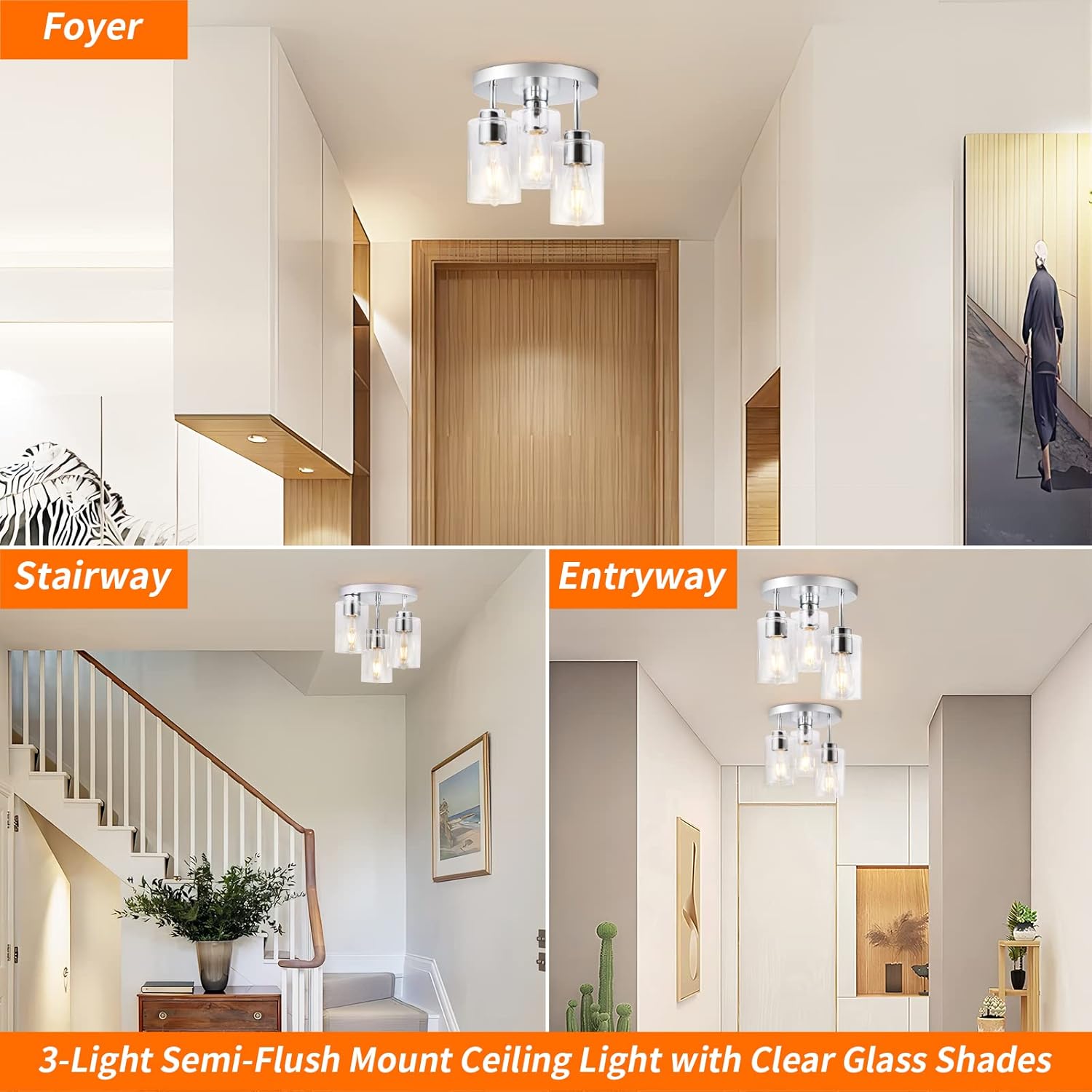 Semi Flush Mount Ceiling Light 3-Light Chrome Flush Mount Ceiling Light Fixtures with Clear Glass Shade, Modern Kitchen Ceiling Light for Bedroom Stairs Porch Hallway Entryway, E26 Socket