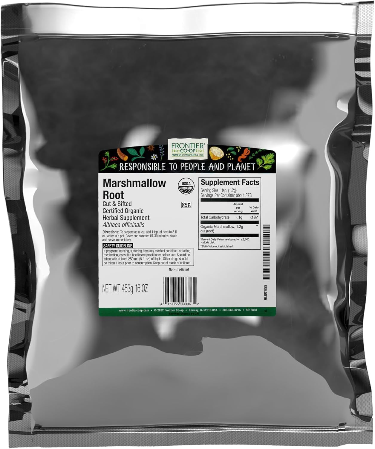 Frontier Co-op Organic Marshmallow Root Herb, Cut and Sifted - For Marshmallow Root Tea, Powder, Capsules and More - Kosher | 16 Ounce (Pack of 1)