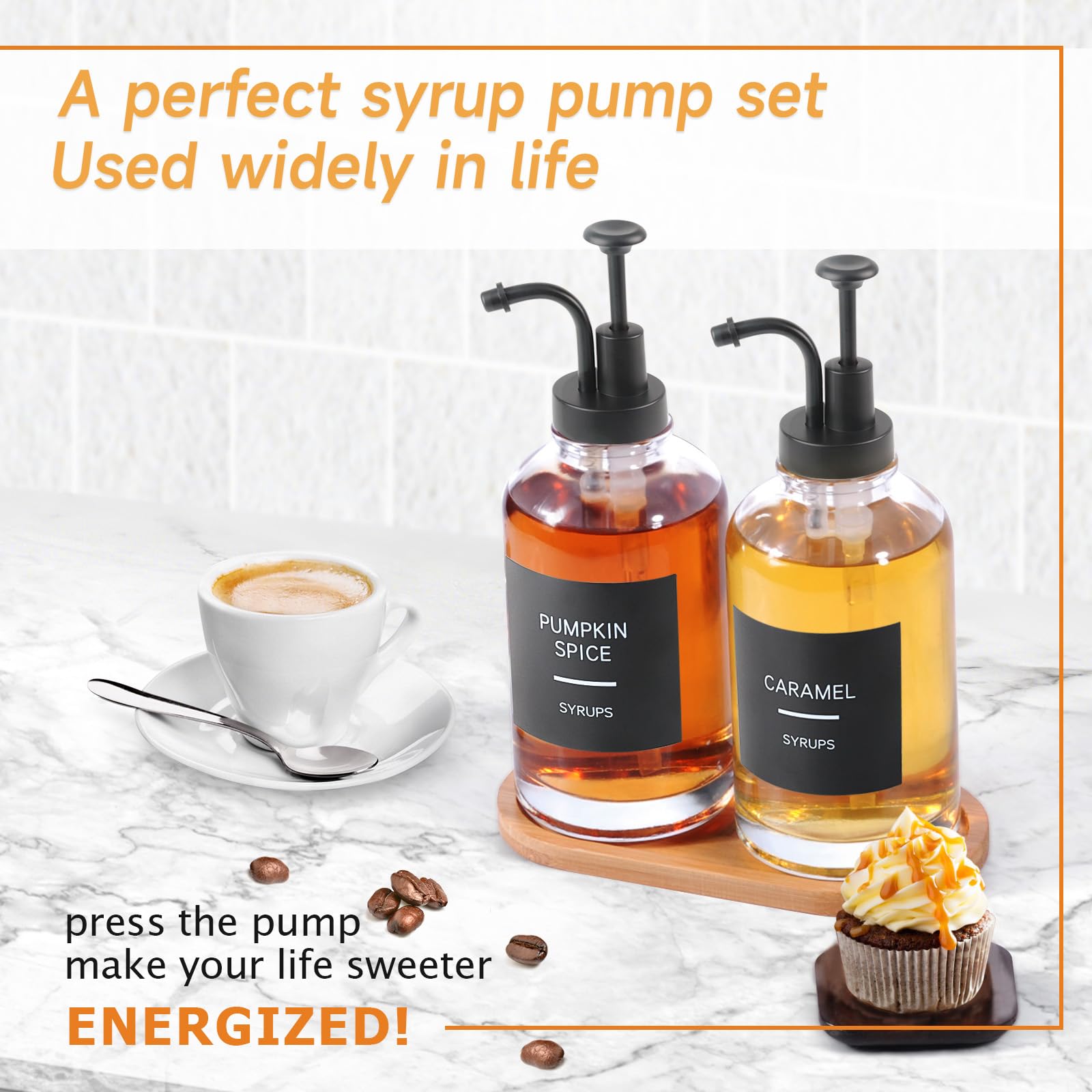Kaffeesirupspender für Kaffeebar, 2 Stück, einfache Glas-Sirupflasche mit Pumpe und Etiketten, 500 ml Sirup-Pumpspender, Sirupspender, Schwarz