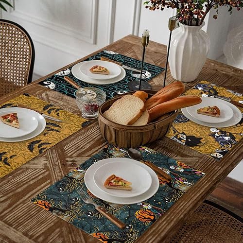 Miniatura 4 de 4 manteles individuales de arpillera de Halloween, tapete de picnic clásico con temática de película de terror, manteles individuales de Pesadilla