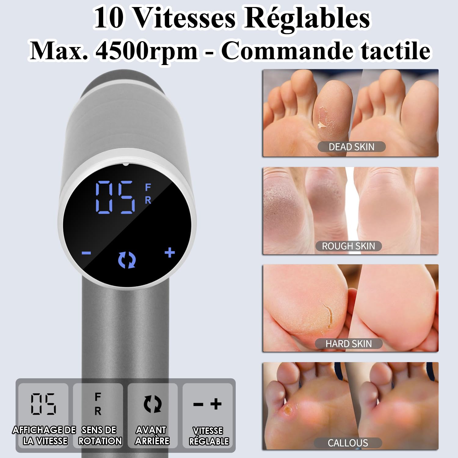Rapeuse Pieds Electrique Puissante 4500RPM, Vitesse Réglable, Ponceuse Pied Professionnel Rappe Pieds Pédicure électrique Lime Electrique Pied Anti-Callosités (Gris)