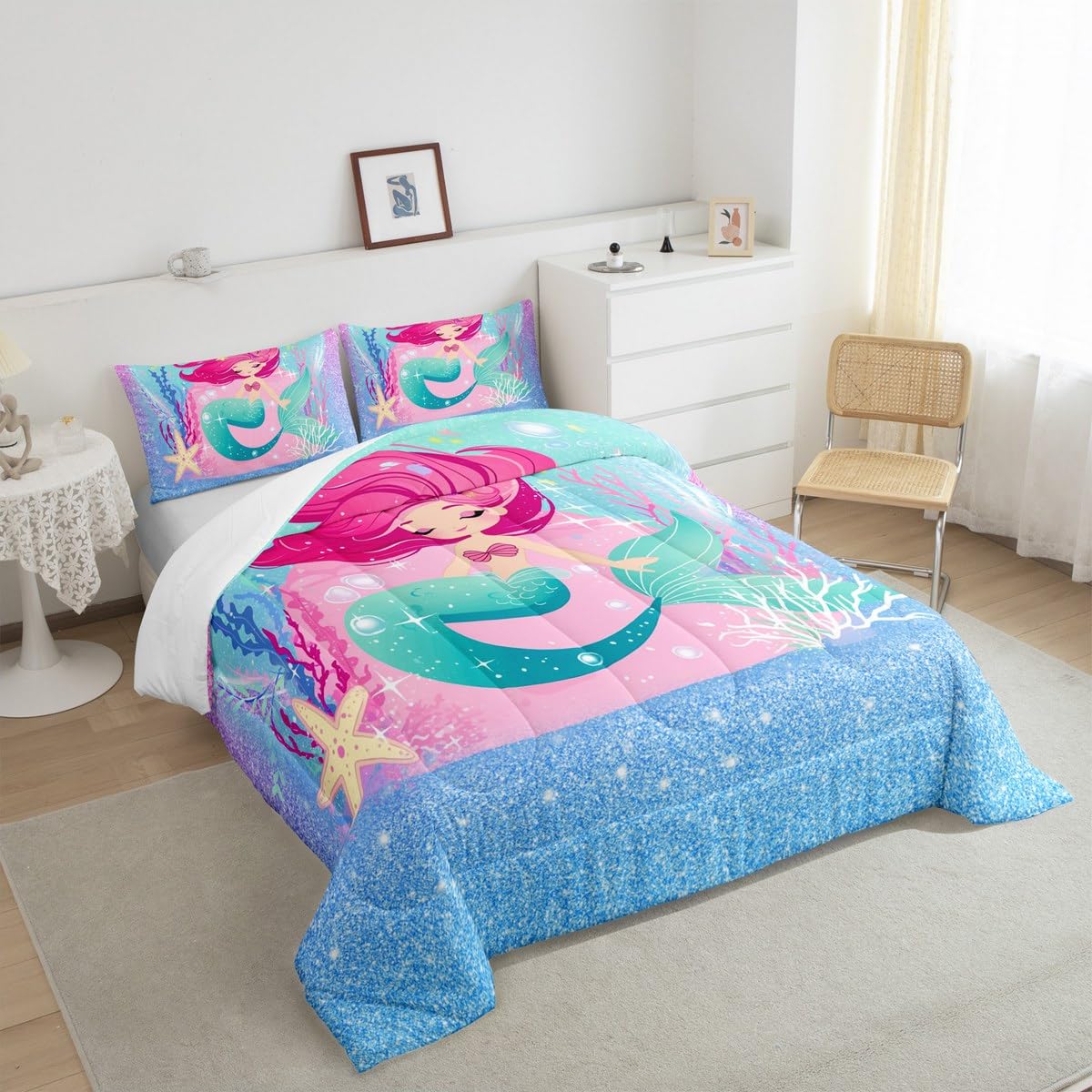 Set di piumone con sirena glitterata per bambini ragazzi ragazze oceano Trapuntaset per trapunte set per creatura e piumino per letto 135x200cm