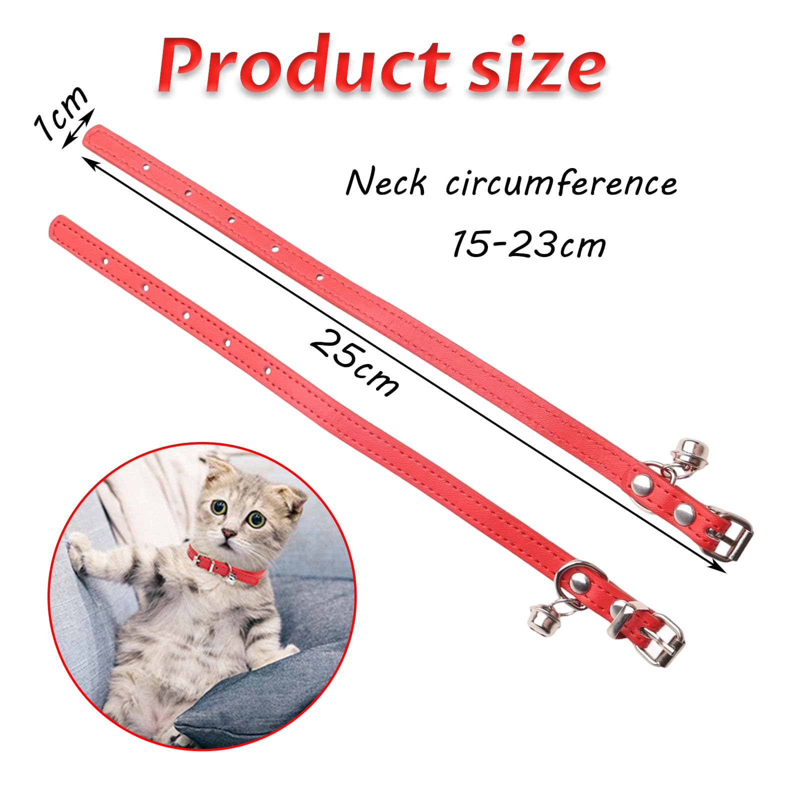 2 Red Leather Cat Collars, Safety Quick Release Buckle, Kitten Collars with Bell, Adjustable Small Pet Collars for Male and Female Cats - Image 2