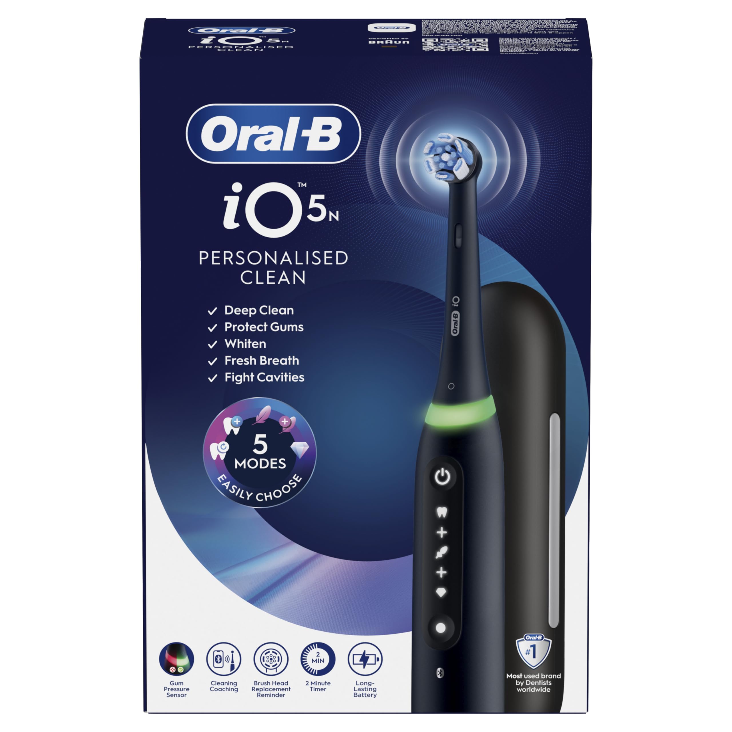 Oral-B iO 5N Cepillo de Dientes Eléctrico con 1 Cabezal, Negro - Cepillo Dental con Estuche de Viaje y Soporte para Cabezales, 5 Modos de Cepillado con Blanqueamiento Dental, Sensor de Presión