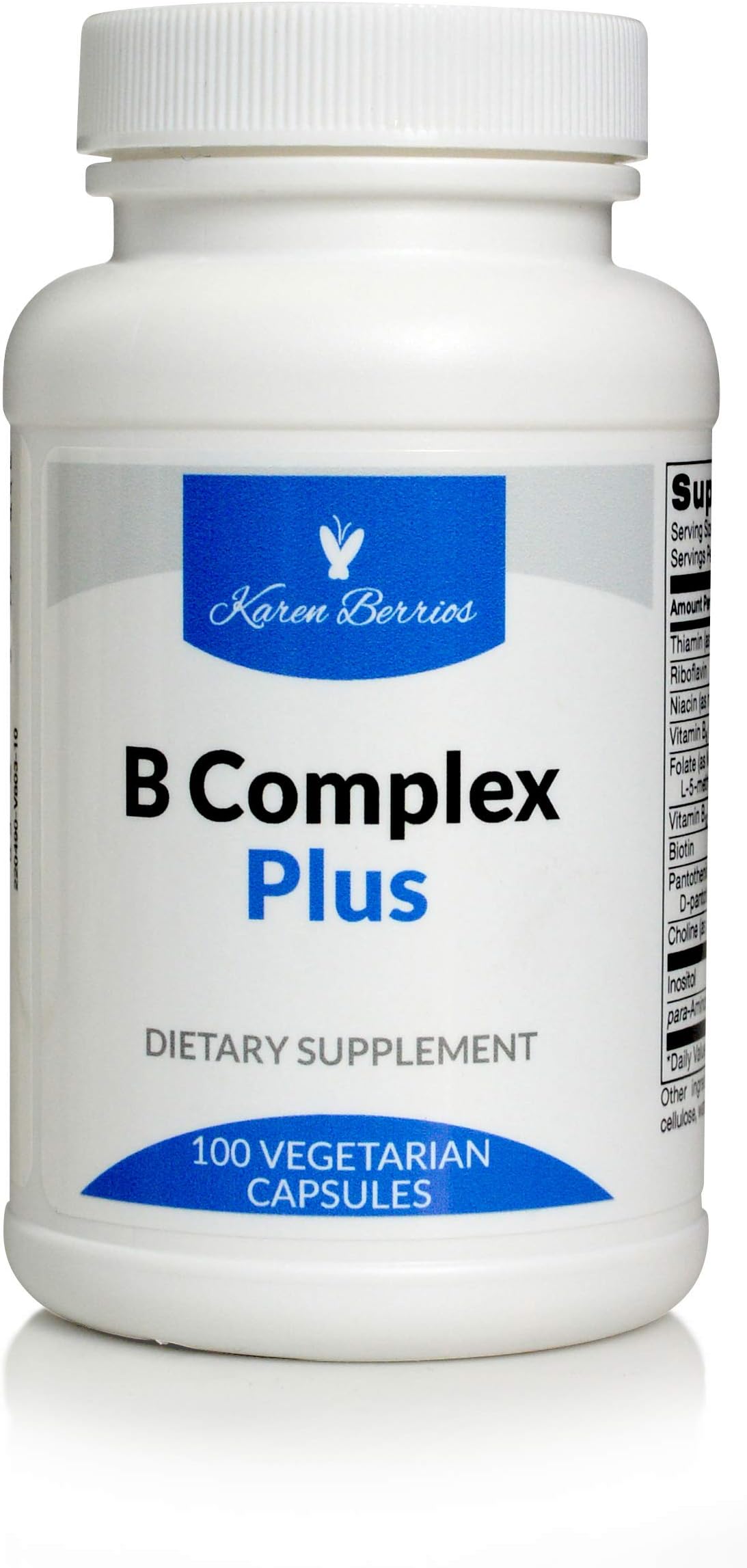 Karen Berrios® B-Complex Plus – Essential B Vitamins with Folate - Metafolin L-5 MTHF and Vitamin B12 – 100 Capsules