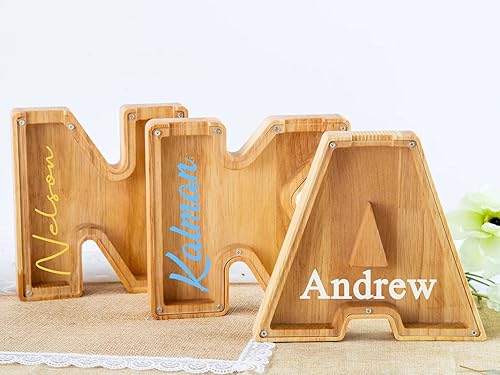 Miniatura 3 de Alcancía de monedas personalizada, juguete de madera con nombre personalizado, letras creativas del alfabeto inglés de veintiséis, caja de ahorro de